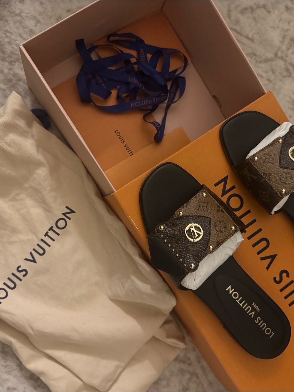 Louis Vuitton Brown Monogram Leather Slide Sandals with Gold Accent